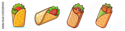 Burrito Illustrations with Fresh Fillings - A set of colorful illustrations featuring burritos and tacos with fresh ingredients like lettuce, tomatoes, and various toppings.

