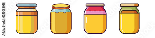 Illustration of Four Jars of Honey - Cartoon-style illustration of four jars of honey with different colored lids and labels, perfect for sweeteners or food themes.

