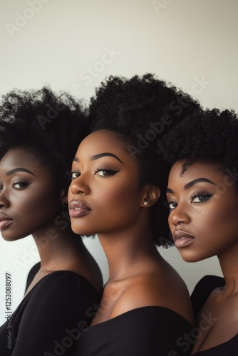 Three women showcasing their natural hairstyles with different protective styles such as crown braids, twists and braids, and loc extensions. photo