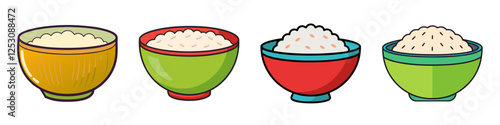 Colorful Bowls of Rice Illustration - Illustration of four bowls with different colored rims, each filled with rice, perfect for food-related themes.

