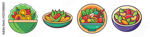 Cartoon Salad Bowls with Fresh Vegetables - A set of colorful cartoon salad bowls filled with fresh vegetables, perfect for healthy eating, vegetarian, and food-themed content.


