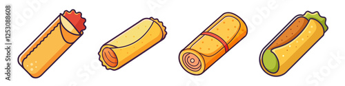Cartoon Spring Rolls with Different Fillings - A set of cartoon spring rolls featuring various fillings and wraps, perfect for snack, Asian cuisine, and food-related themes.

