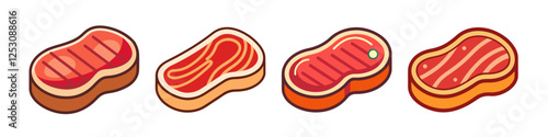 Cartoon Steak Cuts with Grilled Marks - A set of cartoon steak cuts showcasing grilled marks, ideal for meat, barbecue, and food-related content.

