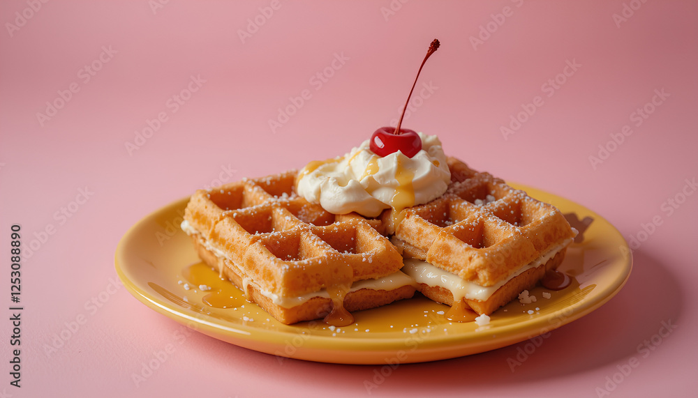 Delicious Waffle with Cream, Syrup Drizzle, and a Fresh Cherry on Top Delicious Waffle with Cream, Syrup Drizzle, and a Fresh Cherry on Top