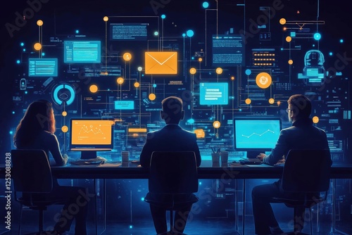 Team collaborating on big data visualization in a futuristic digital workspace