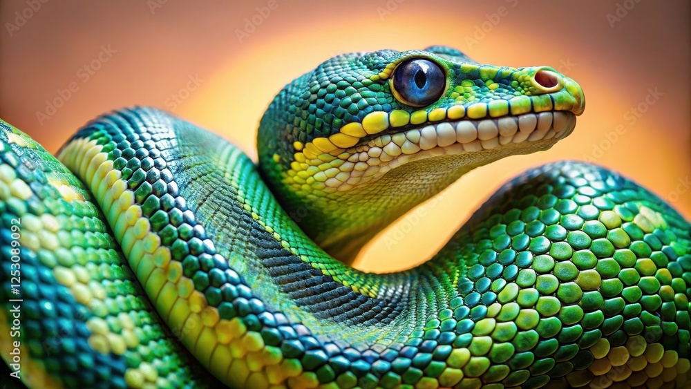Snake with vibrant scales featuring intricate patterns of greens and blues, set against a neutral background, colorful Snake with vibrant scales featuring intricate patterns of greens and blues, set against a neutral background, colorful