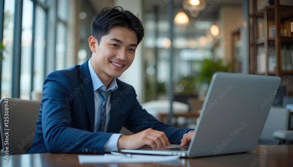 Professional Man Working on a Laptop in a Bright Office Environment Professional Man Working on a Laptop in a Bright Office Environment