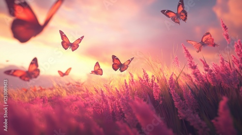 Wallpaper Mural A serene landscape with butterflies fluttering over vibrant flowers at sunset. Torontodigital.ca