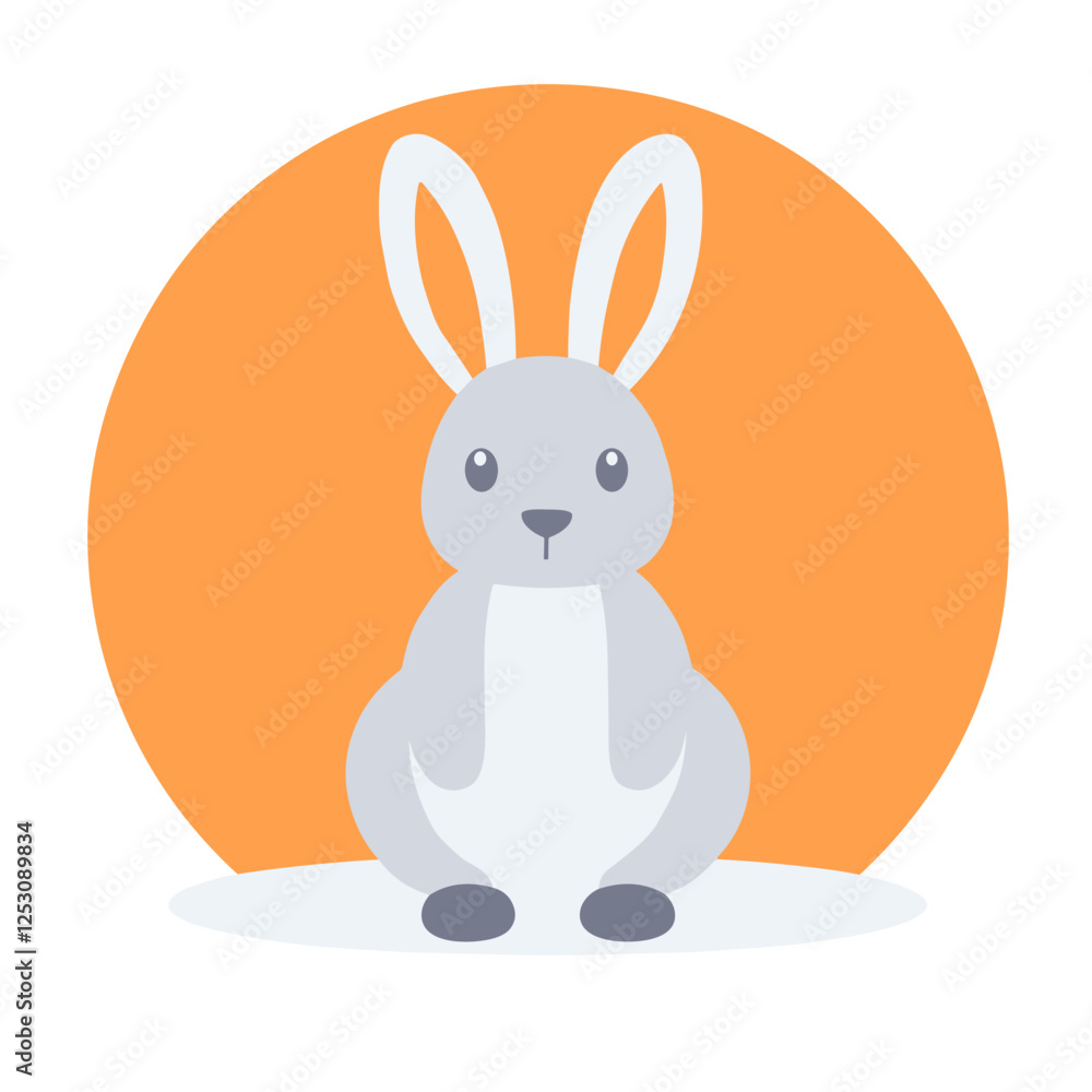 Obraz premium Cute gray rabbit sitting against orange circle background.