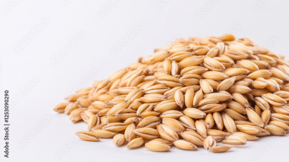 High quality barley grains piled on white background, showcasing their golden color and texture. Perfect for agricultural and culinary uses High quality barley grains piled on white background, showcasing their golden color and texture. Perfect for agricultural and culinary uses