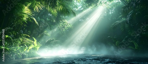 A serene jungle scene featuring lush green foliage with rays of sunlight breaking through the dense canopy, creating a tranquil atmosphere near a misty water body.