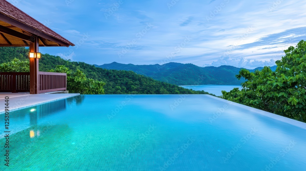 Fototapeta premium Serene Infinity Pool Overlooking Lush Green Mountains at Dusk