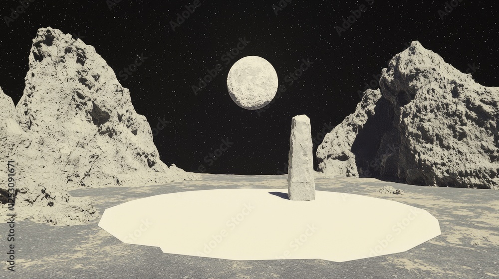 Naklejka premium Lunar obelisk stands on a crater, moonlit night
