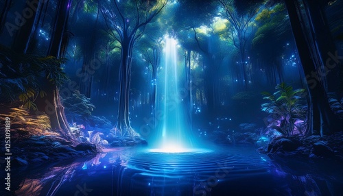 幻想的な青い森に包まれた滝と森林の風景