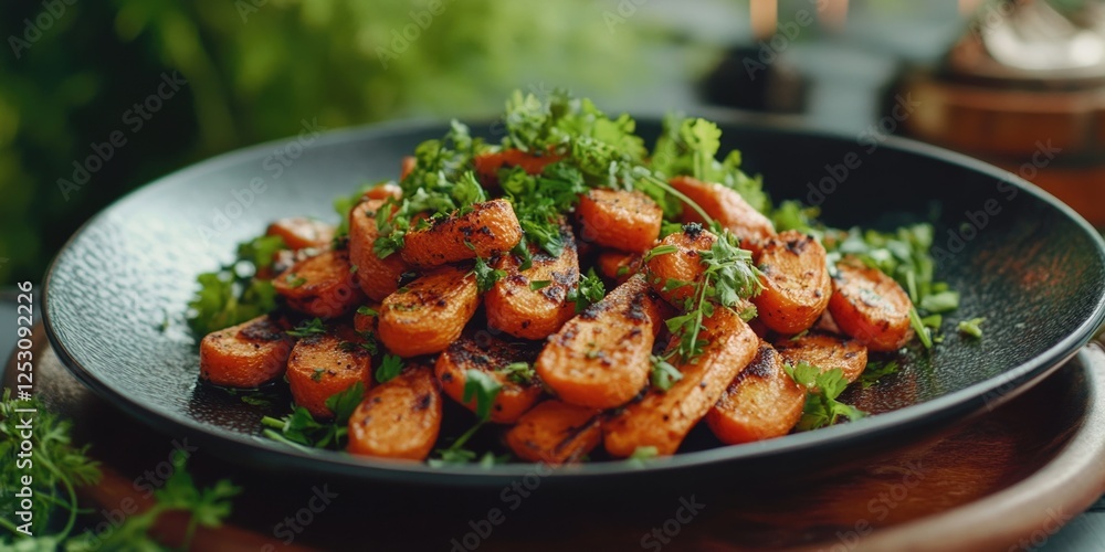 Fototapeta premium Vivid carrot salad with grilled edges and fresh herbs, garnished on a dark plate for a healthy dining experience.
