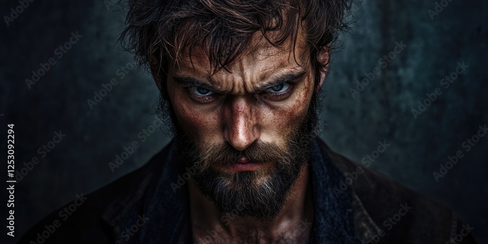 Obraz premium Bearded man with intense gaze and dirty attire evokes a sense of rebellion against societal norms.