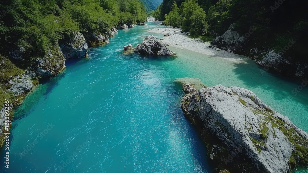Fototapeta premium A serene turquoise river flowing between mountainous terrain, surrounded by rocks and a lush green landscape.