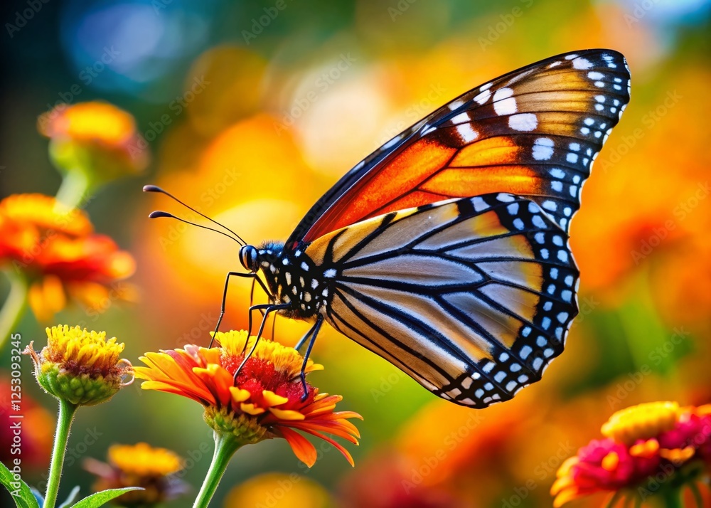 Fototapeta premium Monarch Butterfly on Flower, Closeup, Wing Detail, Nature Photography, Copy Space Right