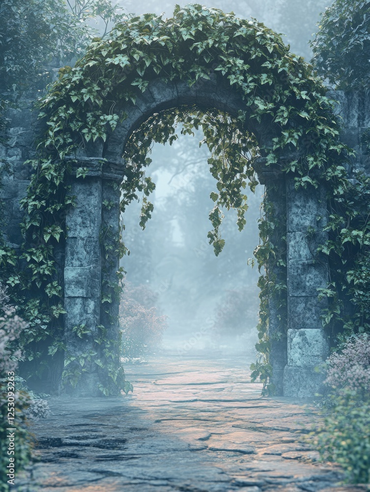 A foggy stone path flanked by Ivy, leading the viewer into a misty forest scene. A foggy stone path flanked by Ivy, leading the viewer into a misty forest scene.