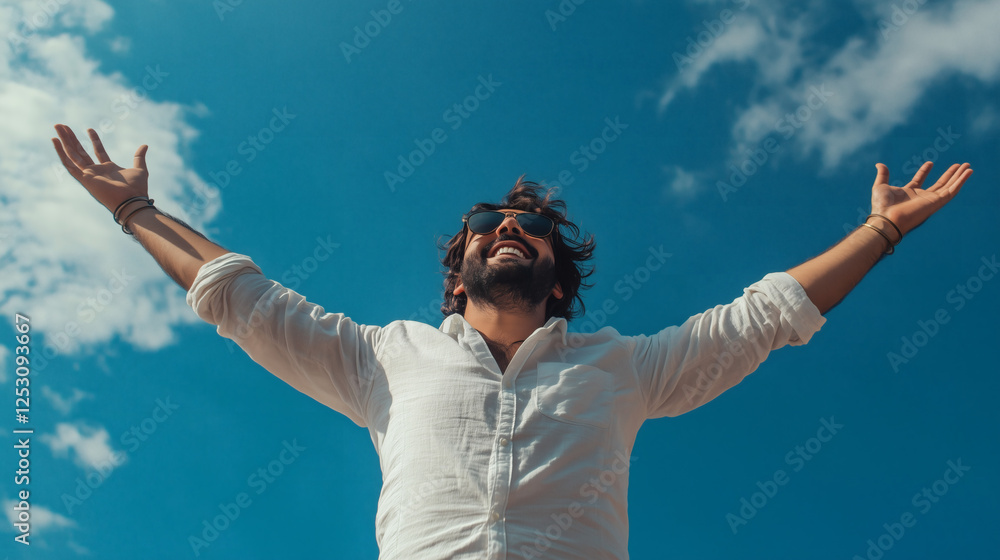 Portrait of a indian happy man arms arms outstretched in a sky background Portrait of a indian happy man arms arms outstretched in a sky background