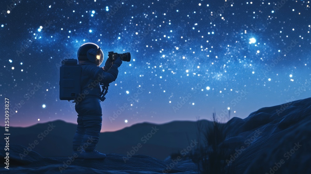 Fototapeta premium A 3D-rendered astronaut capturing a celestial view, holding a camera while stars twinkle.
