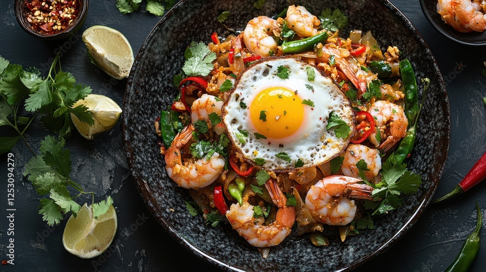 A luxurious presentation of Pad Kra Pao with seafood, served on a modern ceramic plate, topped with a sunny-side-up egg and surrounded by vibrant garnish. A luxurious presentation of Pad Kra Pao with seafood, served on a modern ceramic plate, topped with a sunny-side-up egg and surrounded by vibrant garnish.