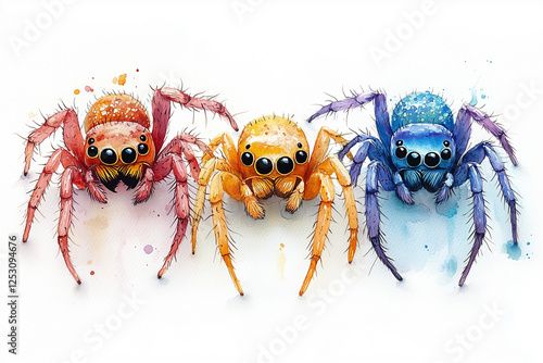 Watercolor cute colorful halloween spiders. Hand drawn autumn party illustration