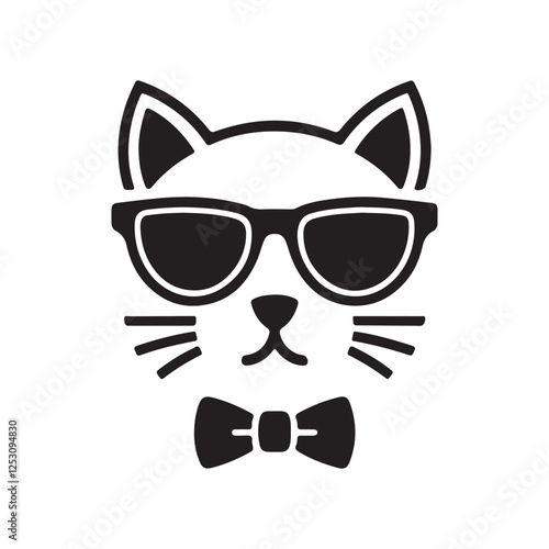 Stylish Cat Face Illustration with Black Glasses,Modern Cool Cat Artwork for Logos and T-Shirt Design