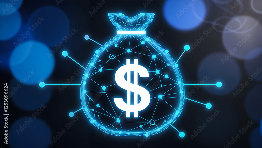 dollar sign on blue background, Digital Wealth: Blue Hologram Money Bag with a Glowing Dollar Symbol dollar sign on blue background, Digital Wealth: Blue Hologram Money Bag with a Glowing Dollar Symbol