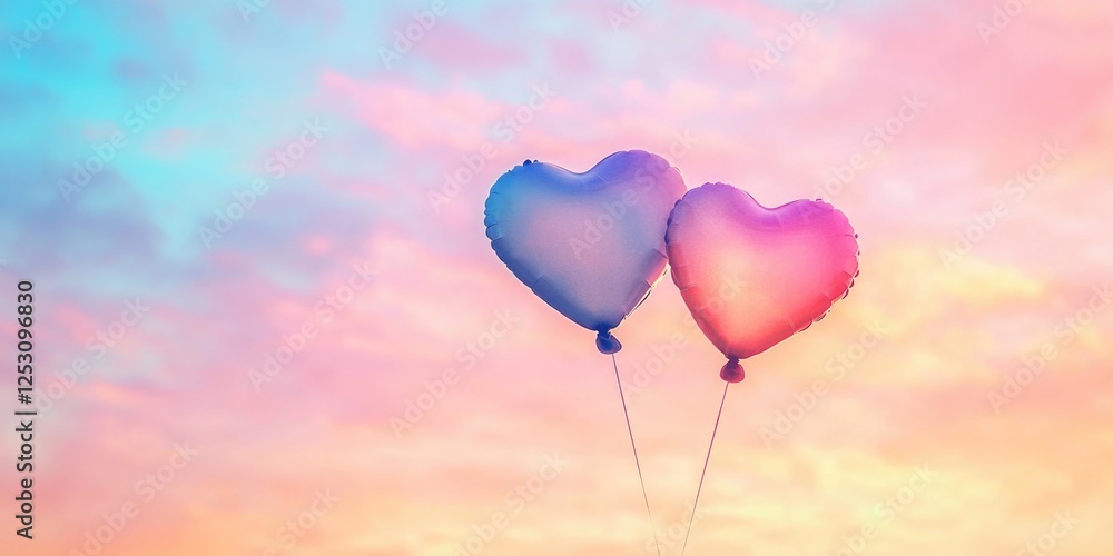Rainbow-colored hearts on balloons floating above a vibrant sky. Rainbow-colored hearts on balloons floating above a vibrant sky.
