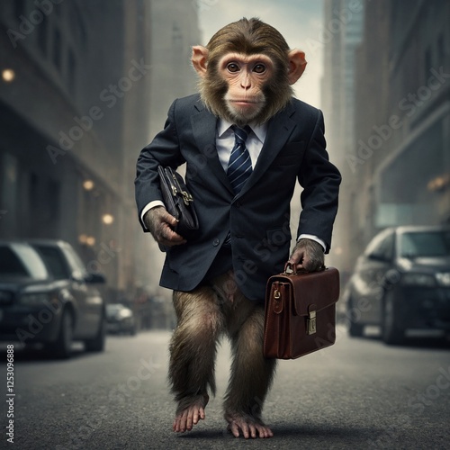 A business monkey in a suit and tie, holding a tiny briefcase.