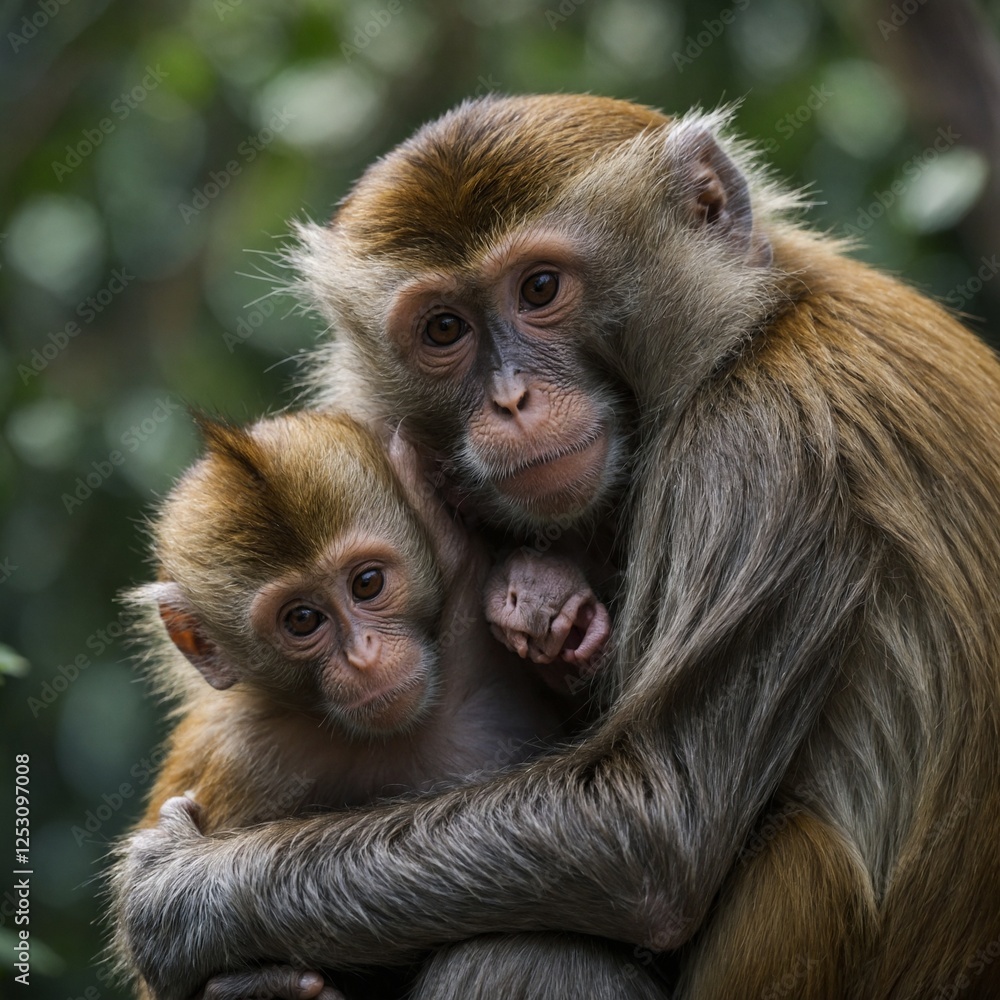 A baby and mother monkey cuddling together. A baby and mother monkey cuddling together.