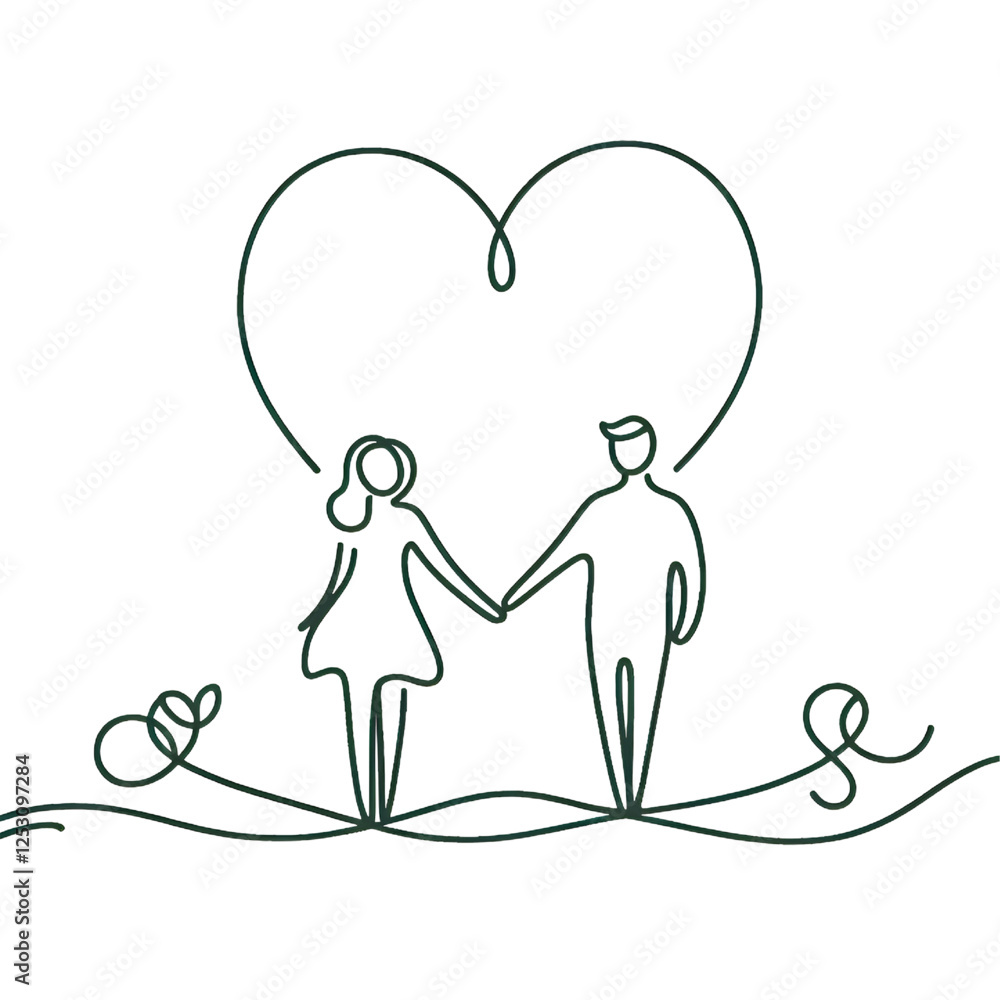 Continuous line drawing of heart and COUPLE , line art illustration isolated on white background