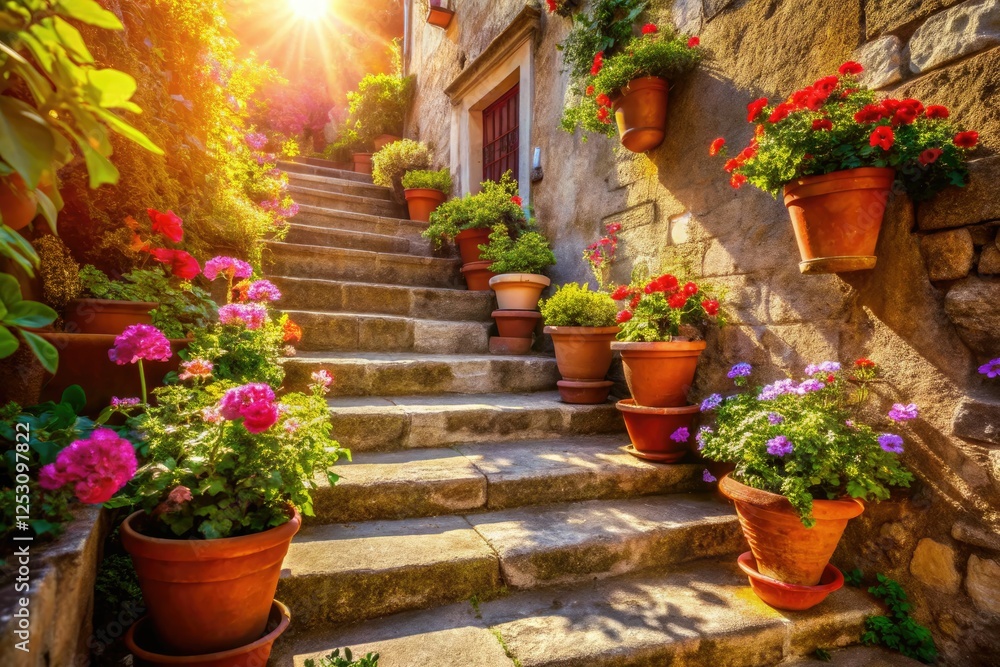 Fototapeta premium Rustic charm abounds: ancient stone steps, floral pots adorn a historical building's vintage architecture.