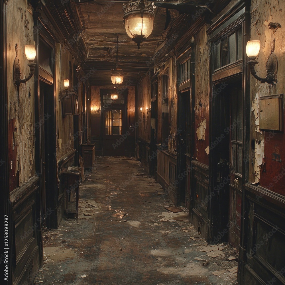 Fototapeta premium Dimly lit, decaying hallway in abandoned building; eerie atmosphere; potential use for horror or mystery