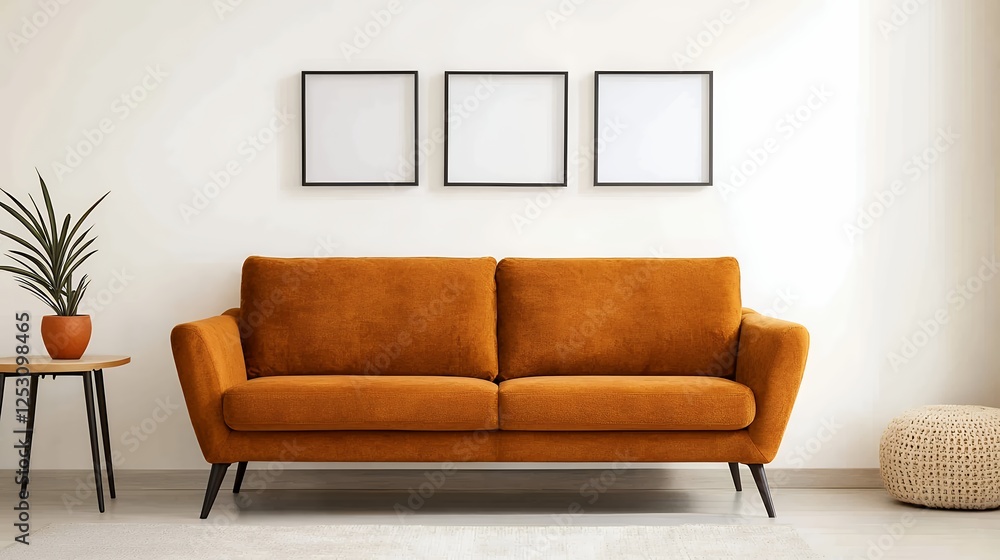 Fototapeta premium Modern Minimalist Living Room With Terracotta Sofa And Beige Wall