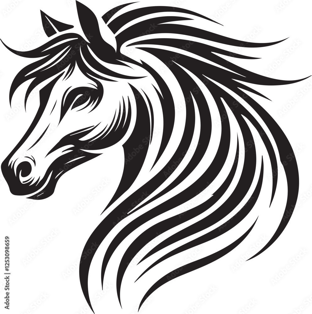 Tribal-Style Horse Head Vector Illustration Black and White
Tribal-Style Horse Head Vector Illustration Black and White