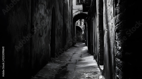 A dimly lit alleyway, where shadows stretch unnaturally long. The smell of decay fills the air, and an eerie, invisible presence seems to linger just out of sight.