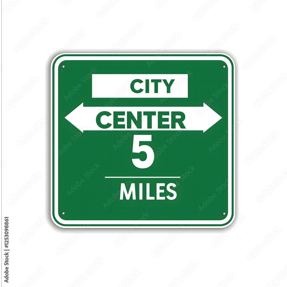 Modern City Center Direction Traffic Sign Decal with Professional Green and White Square Design, Municipal Guide Symbol featuring Distance Information and Arrow Detail Modern City Center Direction Traffic Sign Decal with Professional Green and White Square Design, Municipal Guide Symbol featuring Distance Information and Arrow Detail