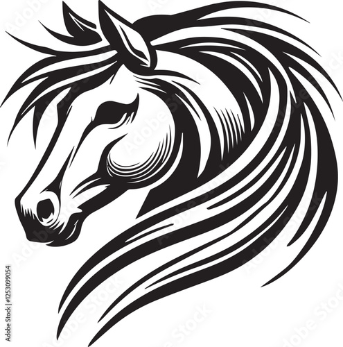 Tribal-Style Horse Head Vector Illustration Black and White

