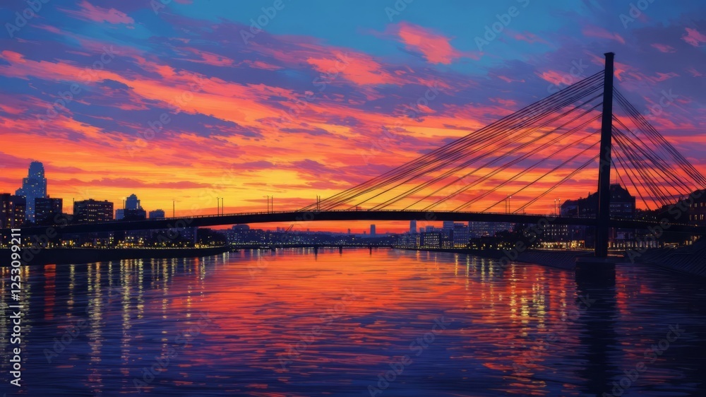 Fototapeta premium A bridge over a river at sunset, with vibrant city lights illuminating the scene.