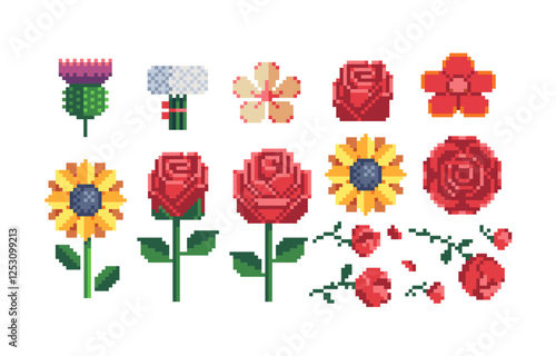 Flower pixel art 80-s style icons set. Red rose sunflower sakura. Flowers and wedding bouquet isolated vector illustration design for logo shop, stickers, embroidery, mobile app. 8-bit.