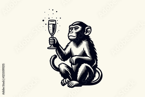 Macaque holding a vintage champagne glass, black flat engraving icon