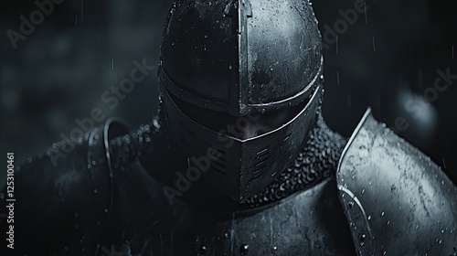 Medieval knight clad in armor and helmet, draws his sword from its sheath, ready for combat, poised to strike his foe in battle photo