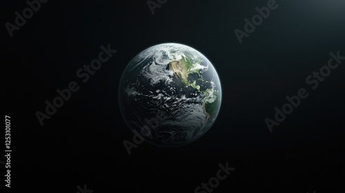 Planet Earth floating in the vast darkness of outer space with soft sunlight illuminating the continents and clouds.