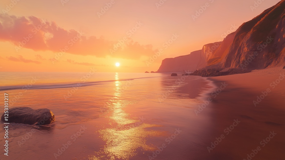 Fototapeta premium A serene coastal landscape at golden hour, with soft waves, rugged cliffs, and a colorful sunset sky, reflecting on wet sand and creating a peaceful.