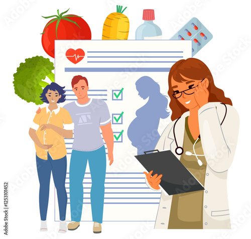 A couple seeks guidance from a healthcare provider regarding pregnancy treatment and nutrition. They discuss various healthy food choices such as vegetables and fruits.