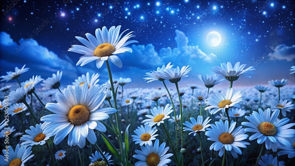 Night Sky over Daisies: Starry Blue Hour Field of Flowers Night Sky over Daisies: Starry Blue Hour Field of Flowers