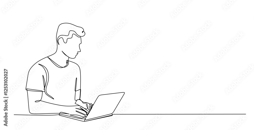 single line drawing of young man continuously using laptop computer line art vector illustration single line drawing of young man continuously using laptop computer line art vector illustration