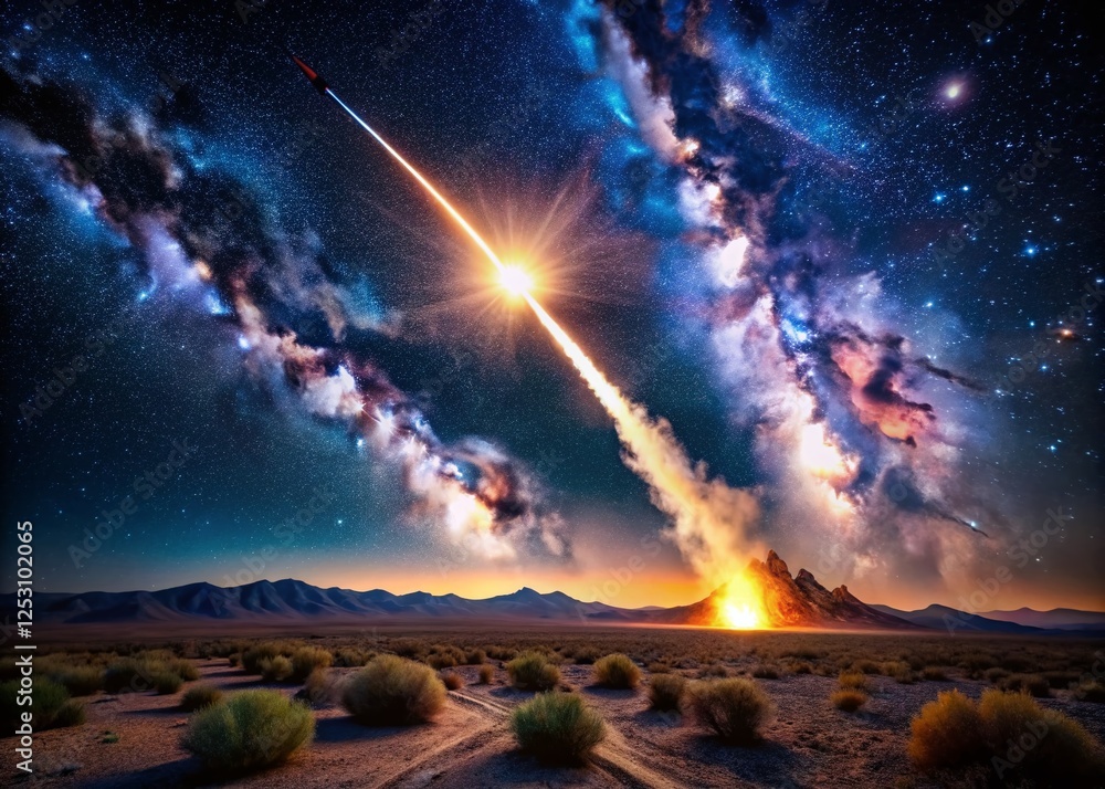 Nighttime Sidewinder Missile Launch, Desert Landscape, Starry Sky Nighttime Sidewinder Missile Launch, Desert Landscape, Starry Sky